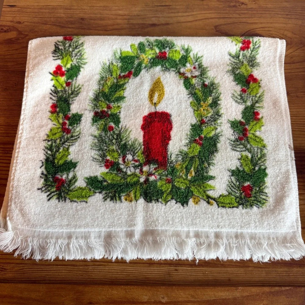 Set of‎ 6 Vintage Retro Christmas Holiday Towels Poinsettia Candle Wreath